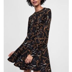 Zara Black Long-Sleeve Chain-Print Swing Dress